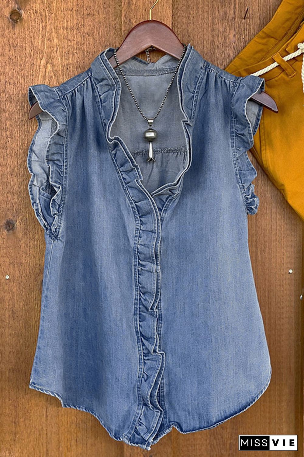 Blue Sleeveless Washed Denim Tank Top