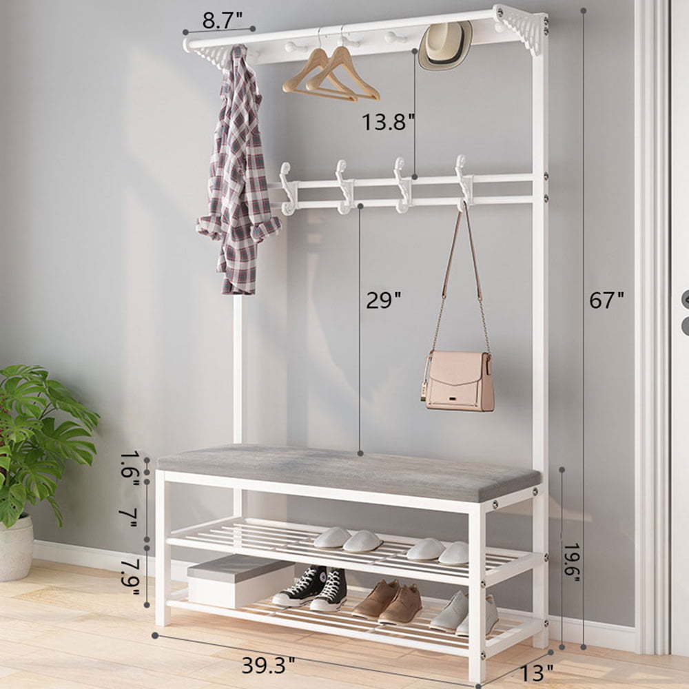 Entryway Bench with Coat Rack Shoe Bench Hall Tree with bench Hallway Organizer with Storage and 10 Hooks，White