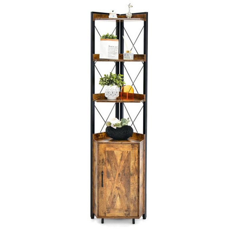 Hivago Tall Corner Storage Cabinet with 3-Tier Shelf and Enclosed Cabinet-Rustic Brown