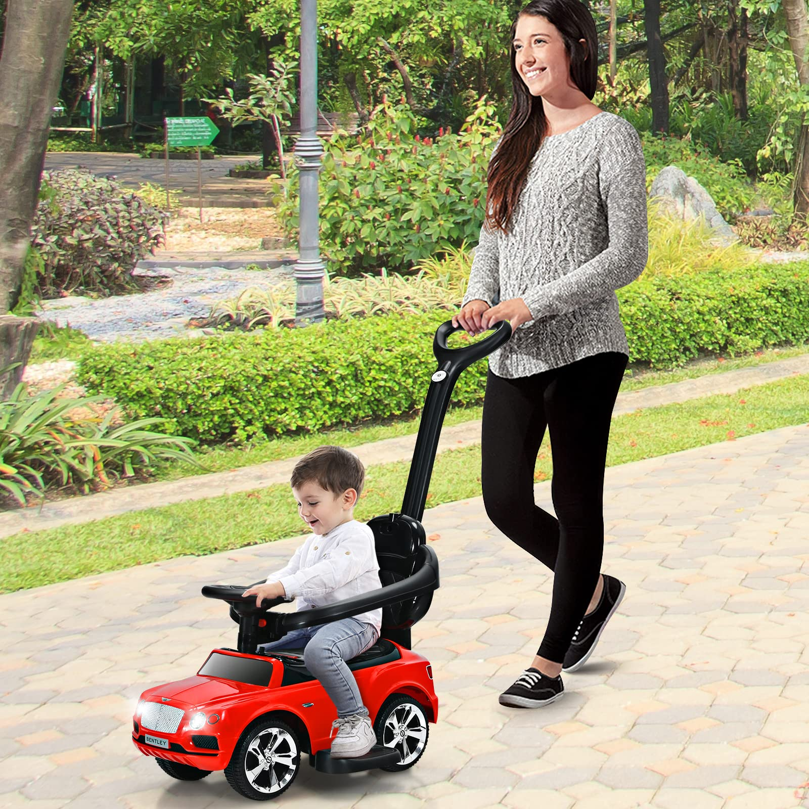 Costzon Push Cars for Toddlers, 3 in 1 Bentley Stroller Sliding Walking Car w/ Canopy