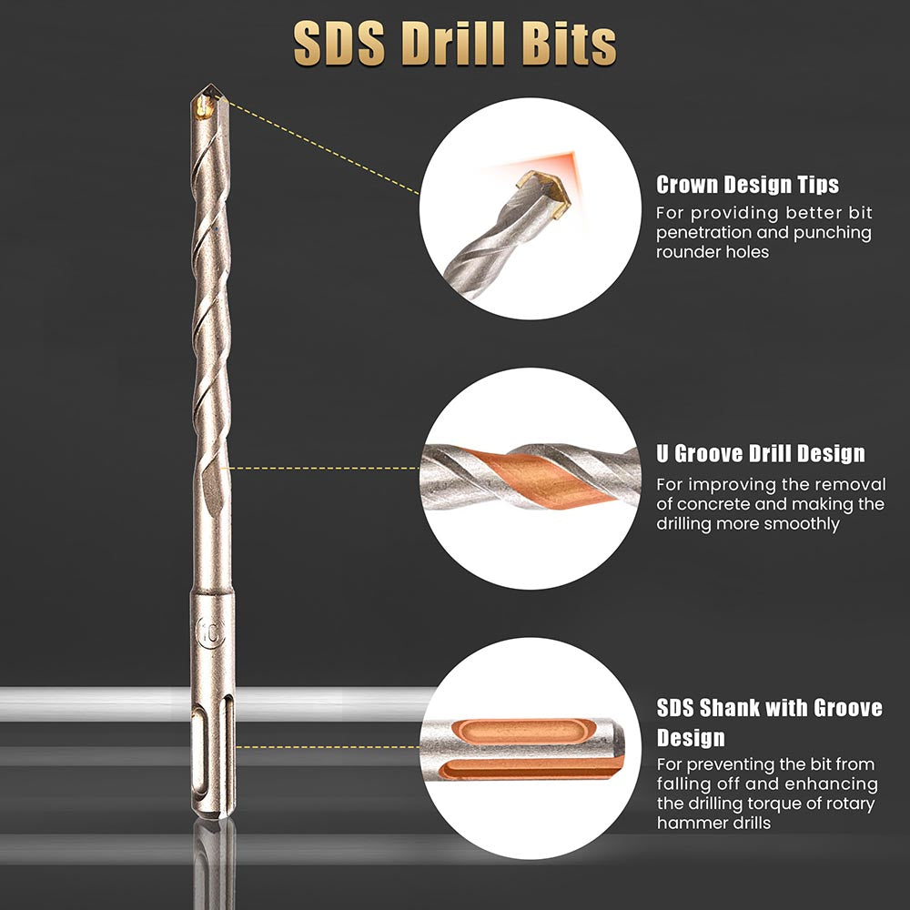 Yescom Rotary Hammer SDS Plus Drill Bit Chisel Set 17 Pieces w/ Case