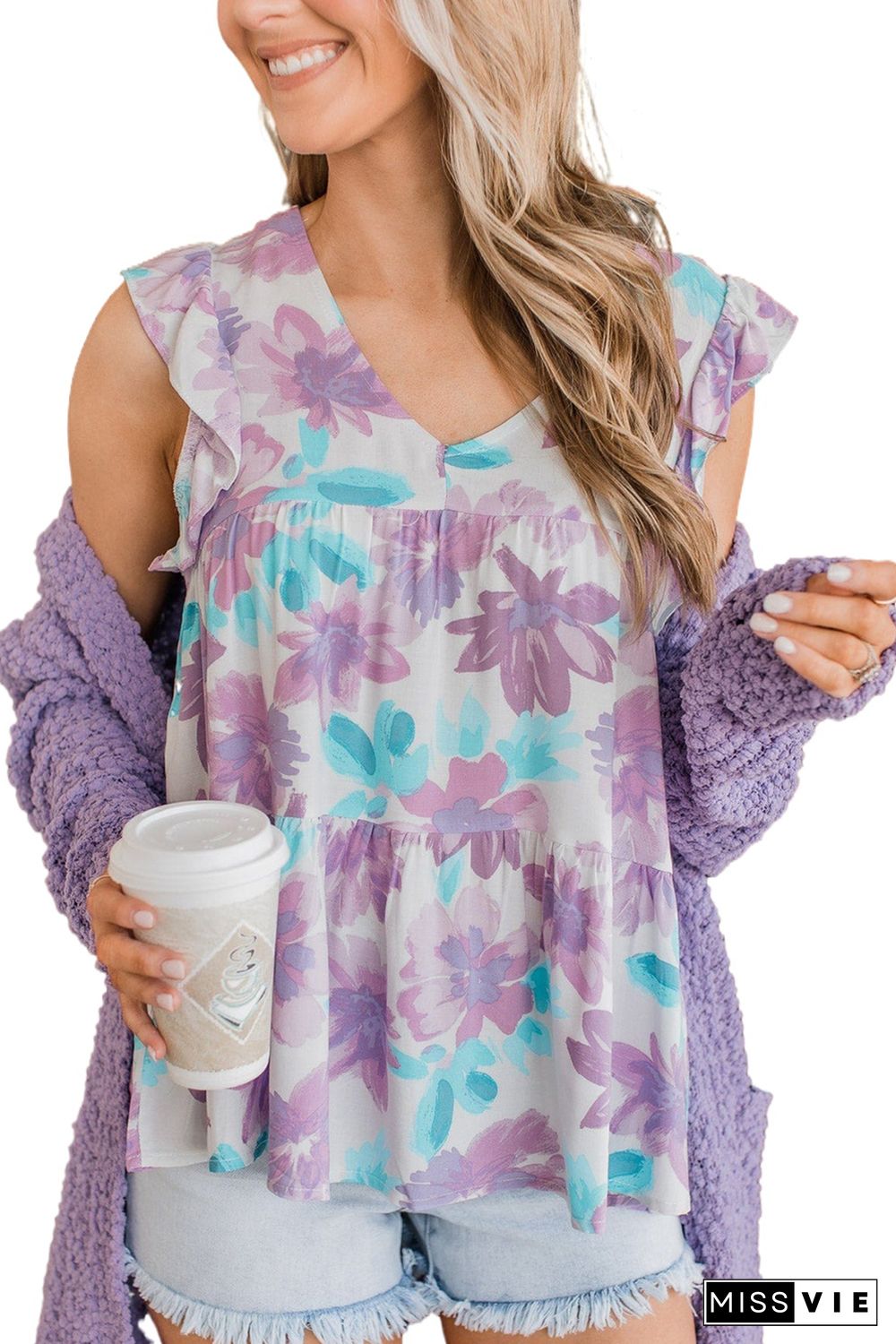 Purple Watercolor Floral Ruffled V Neck Tank Top