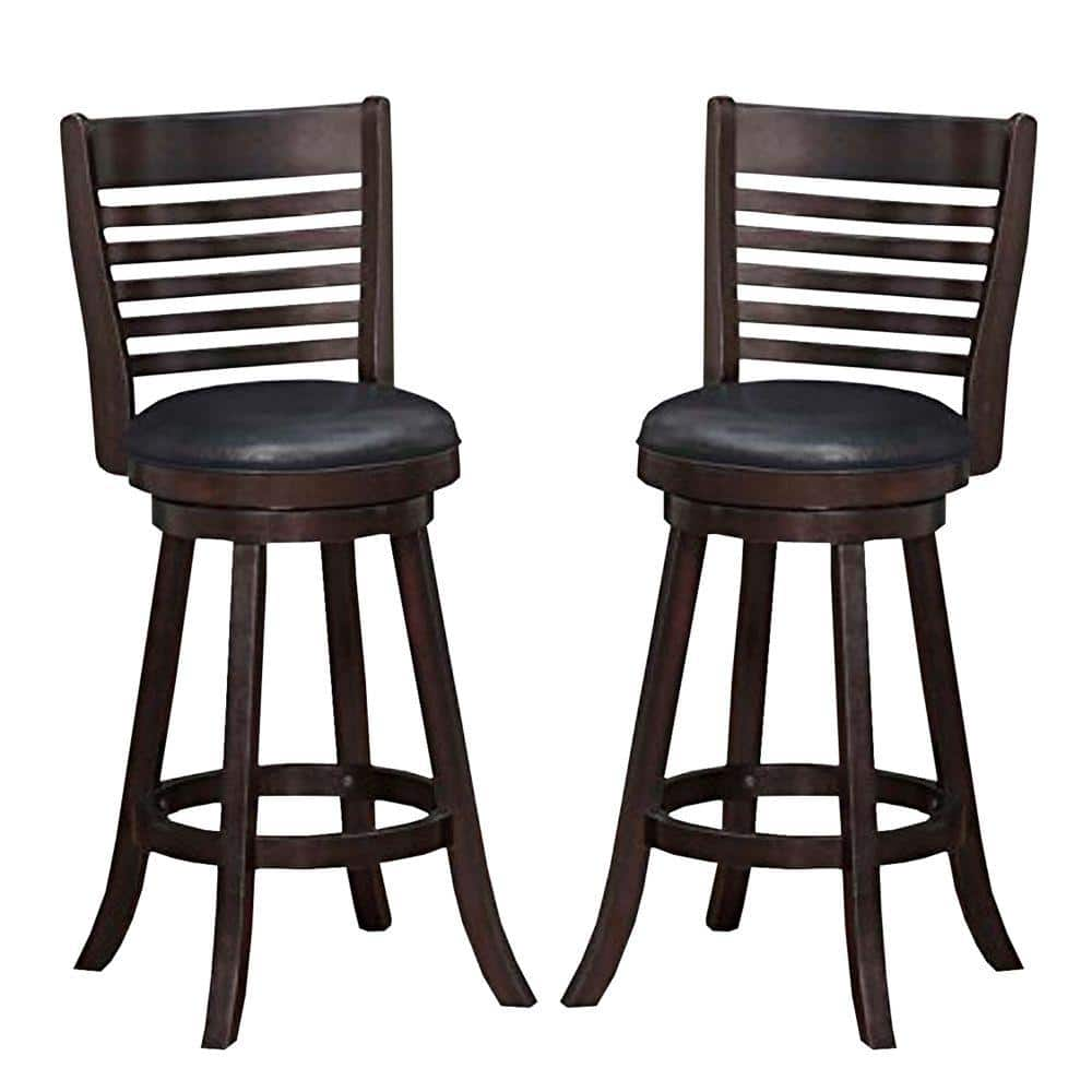 Benjara Brown and Black Wooden Swivel Bar Stool with Leatherette Seating (Set of 2) BM183384