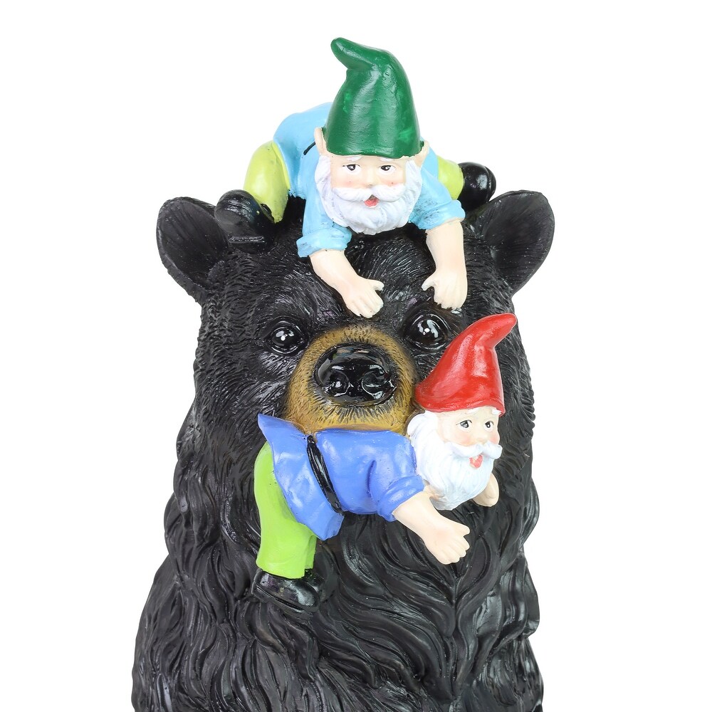 Exhart Bear Garden Statue with Gnomes  Hand Painted  UV Treated Resin  6.5 x 12 Inches