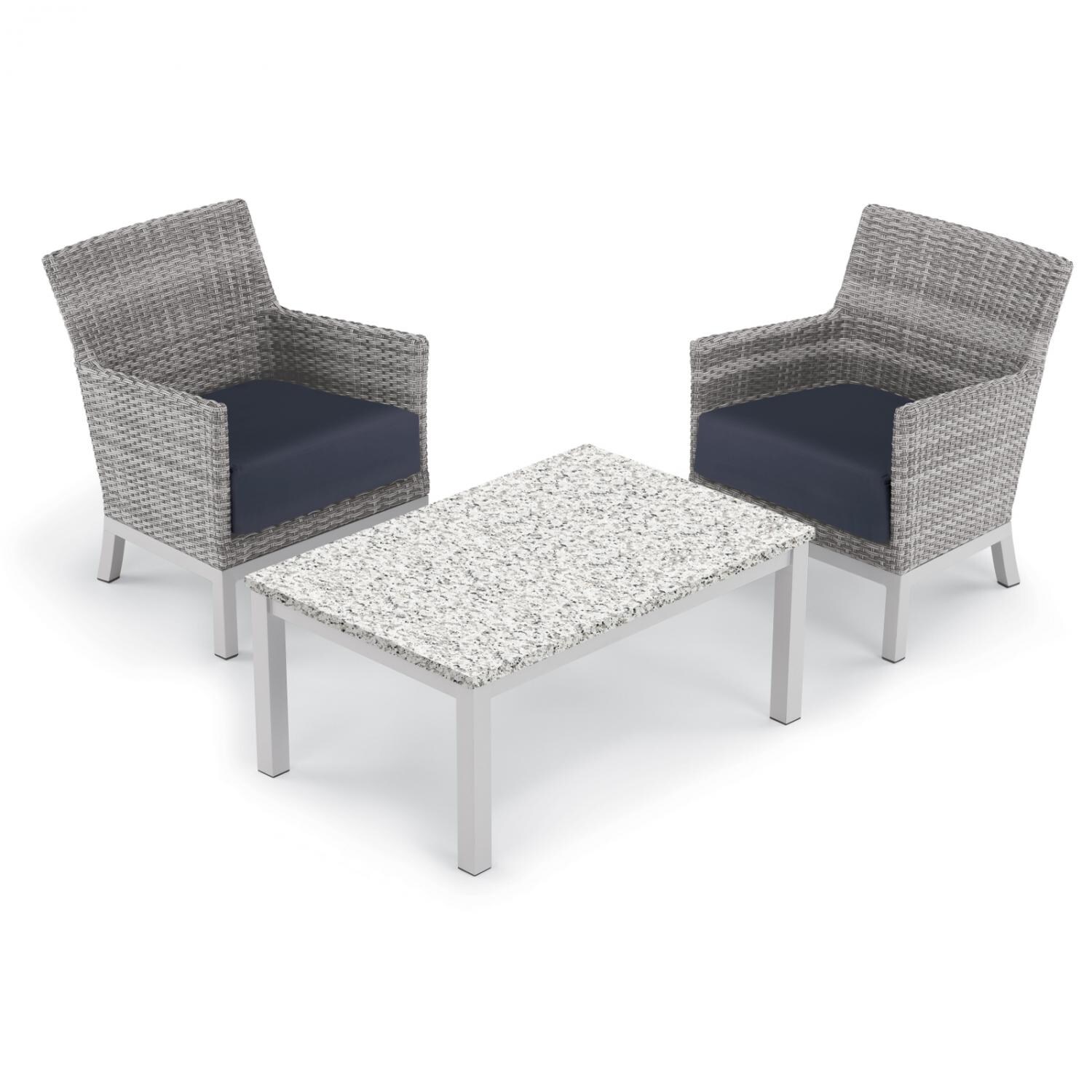 Argento 3 Piece Wicker Patio Conversation Set W/ Lite-Core Ash Coffee Table and Midnight Blue Cushions By Oxford Garden