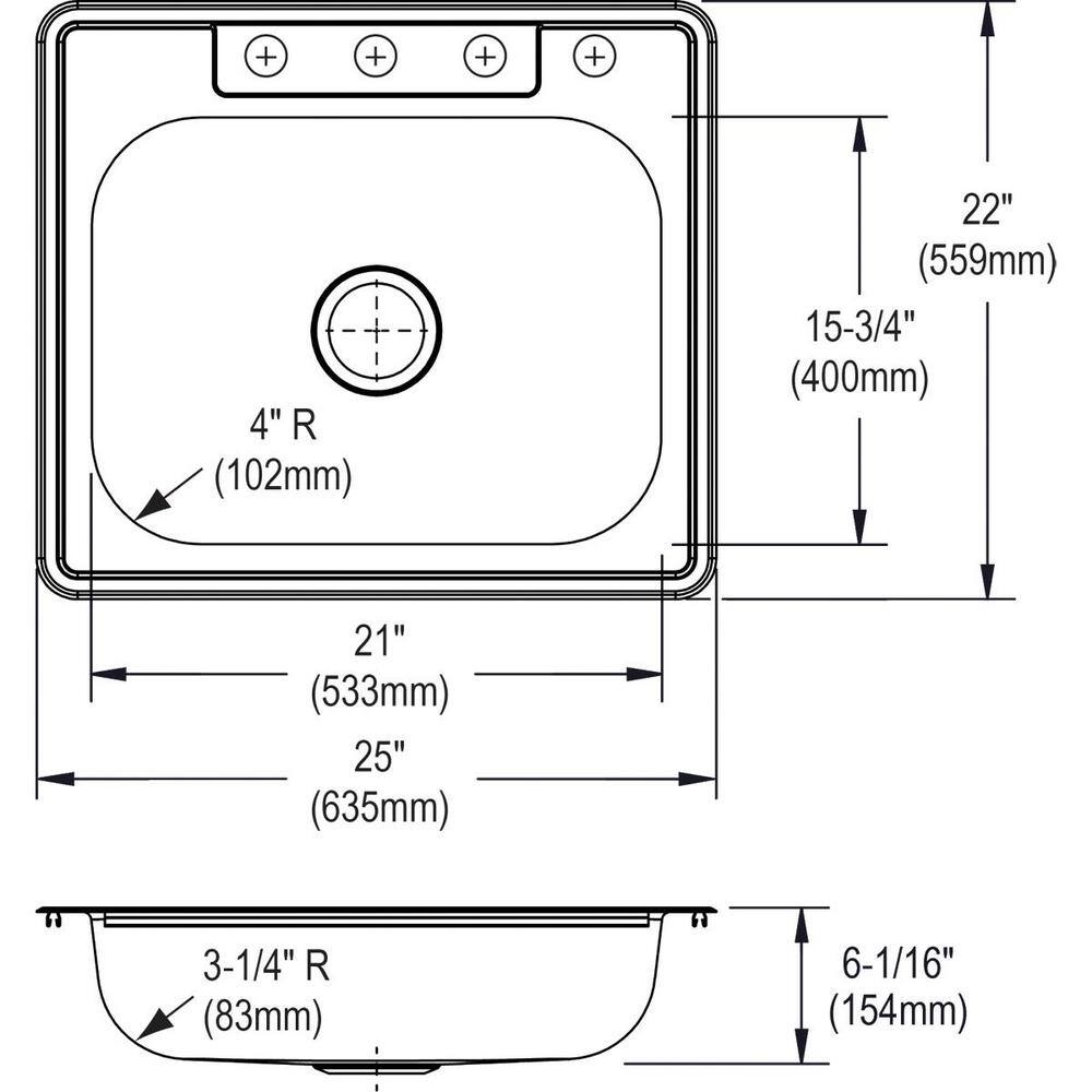 Glacier Bay 25 in. Drop-in Single Bowl 22 Gauge Stainless Steel Kitchen Sink HDSB252264