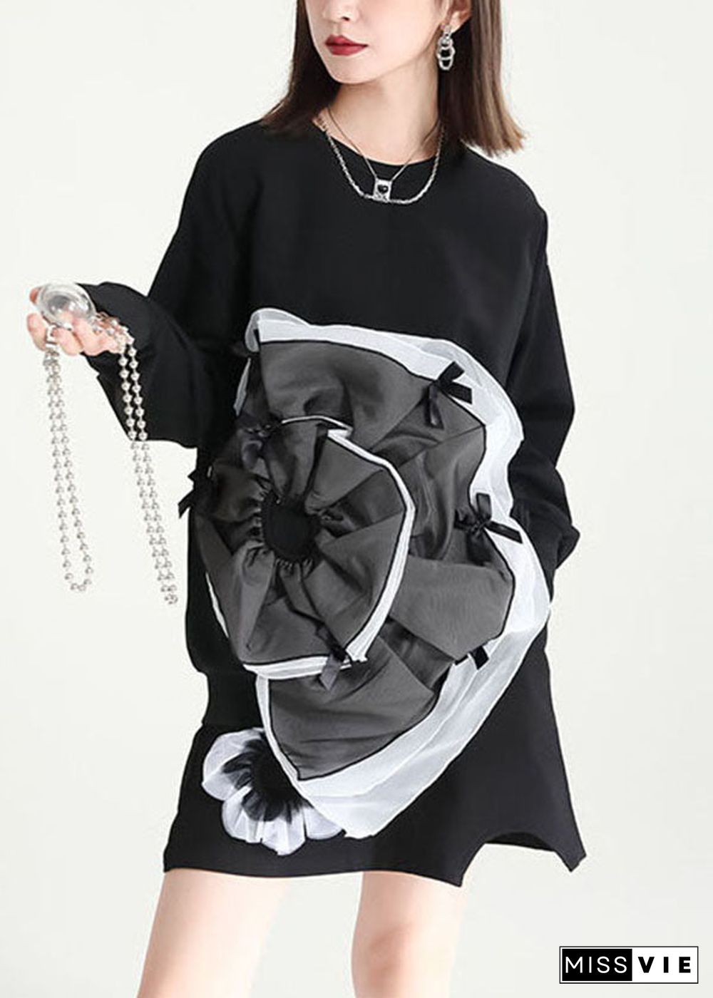 Bohemian Black Asymmetrical Patchwork Tulle Applique Cotton Sweatshirts Dress Fall