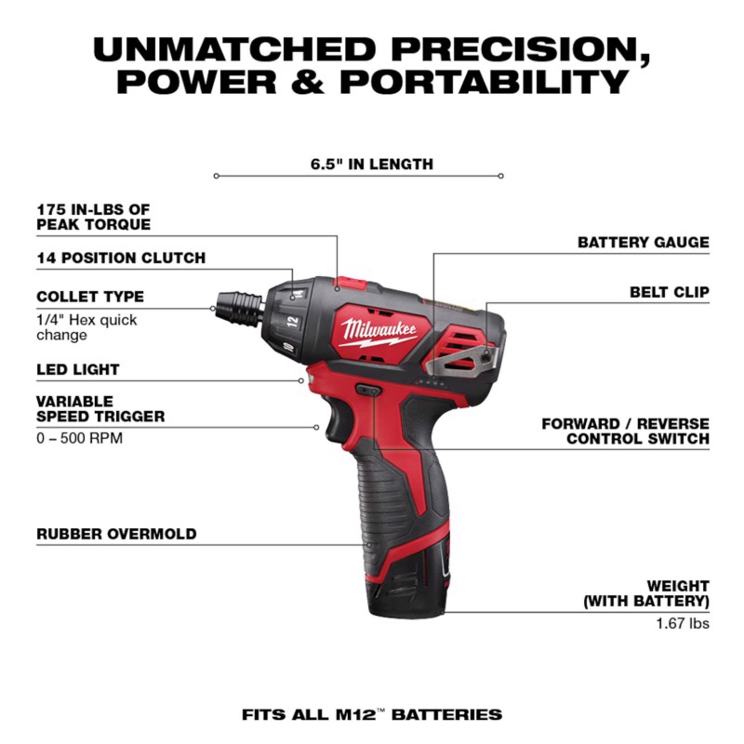 MW M12 1.5 amps 12 V Brushed Cordless Battery Operated Screwdriver Kit