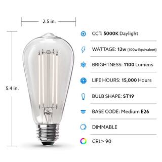 Feit Electric 100-Watt Equivalent ST19 Dimmable Straight Filament Clear Glass Vintage Edison LED Light Bulb Daylight (4-Pack) ST19100CL950CA4