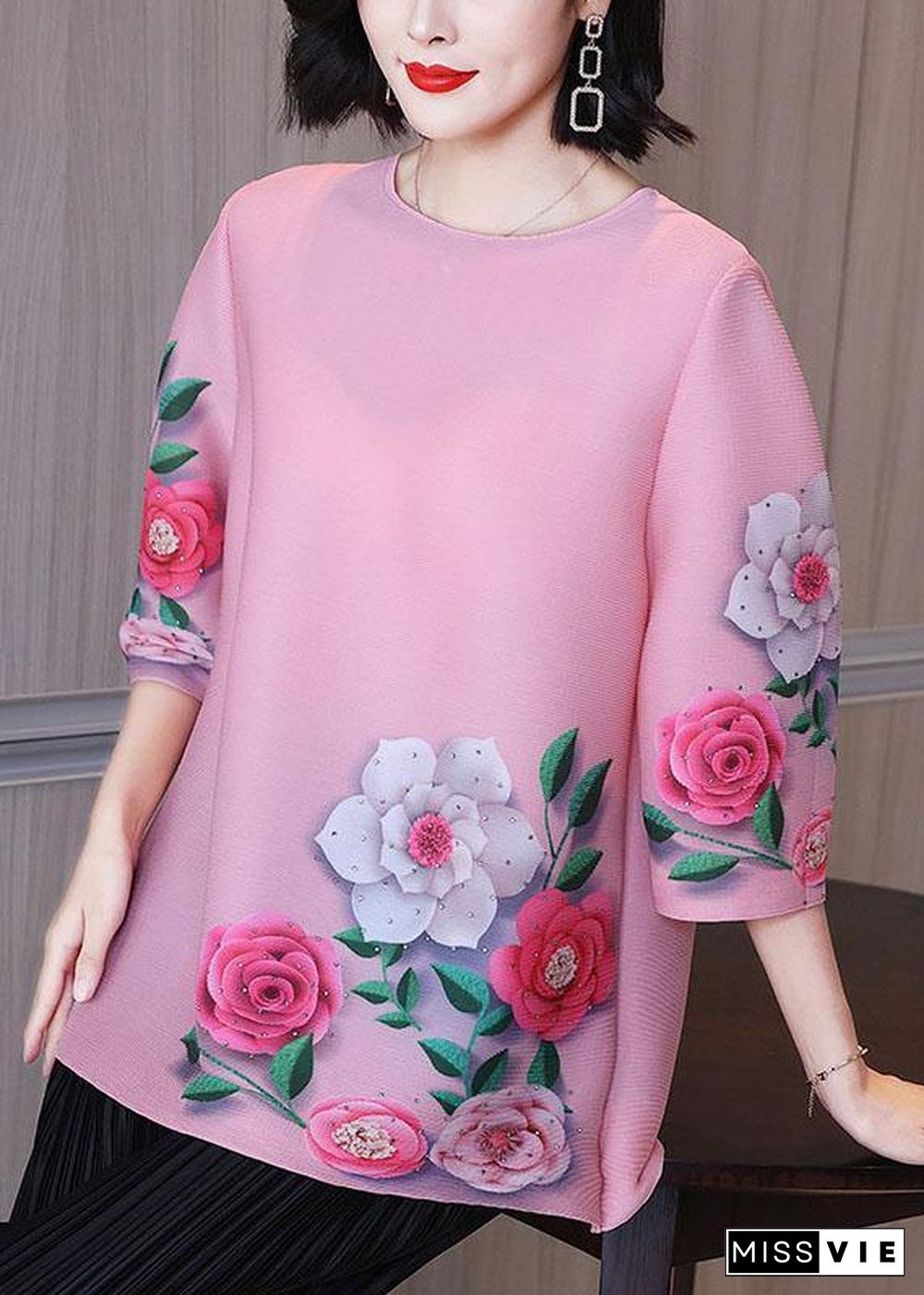 Elegant Pink Floral Short Sleeve Blouse Tops