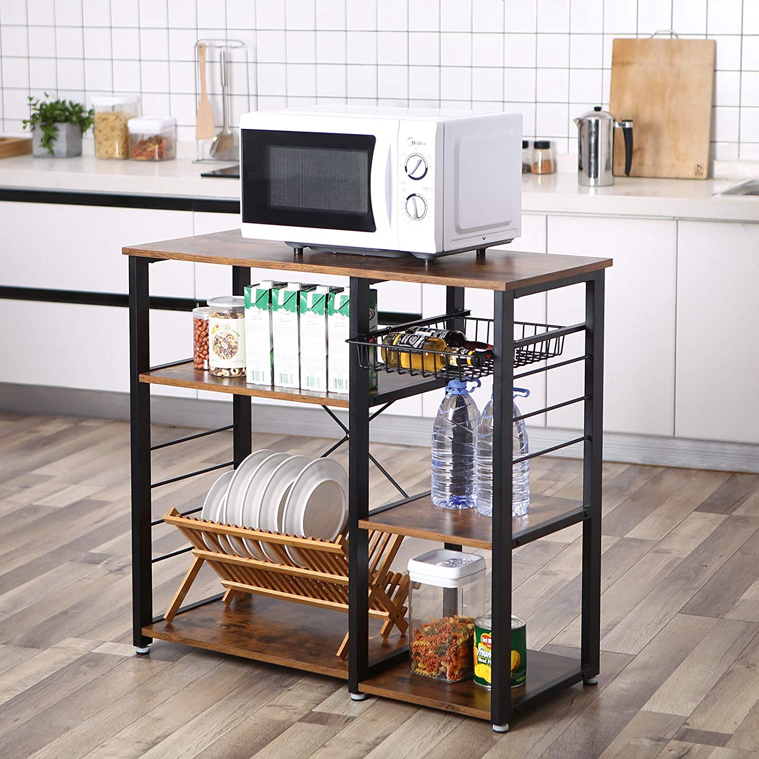 35 Industrial Kitchen Baker’s Rack， Coffee Bar， Microwave Oven Stand Metal Frame， Wire Basket 6 Hooks Mini Oven