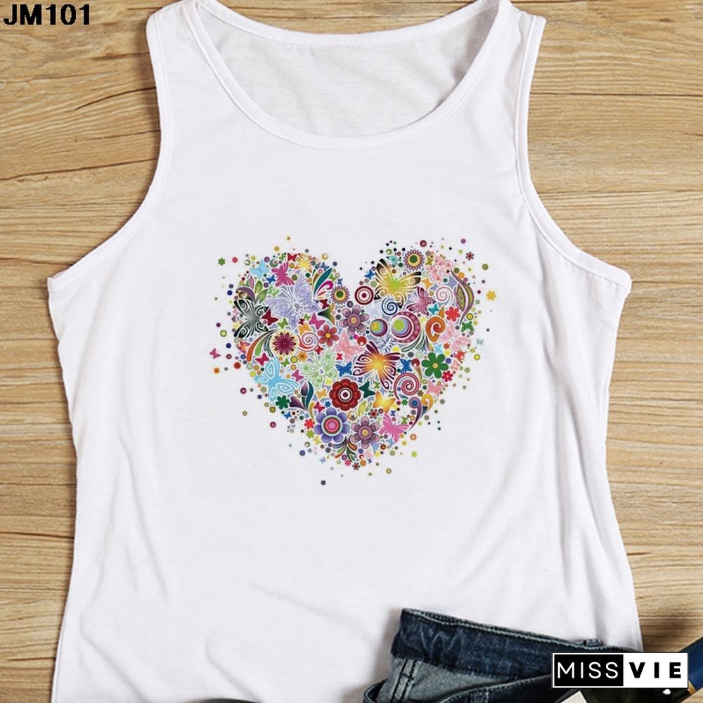 Heart Flower Printed Ladies Camisole Harajuku Casual White Vest Summer Womens Love Graphic Tank Tops Fashion Sleeveless T Shirt