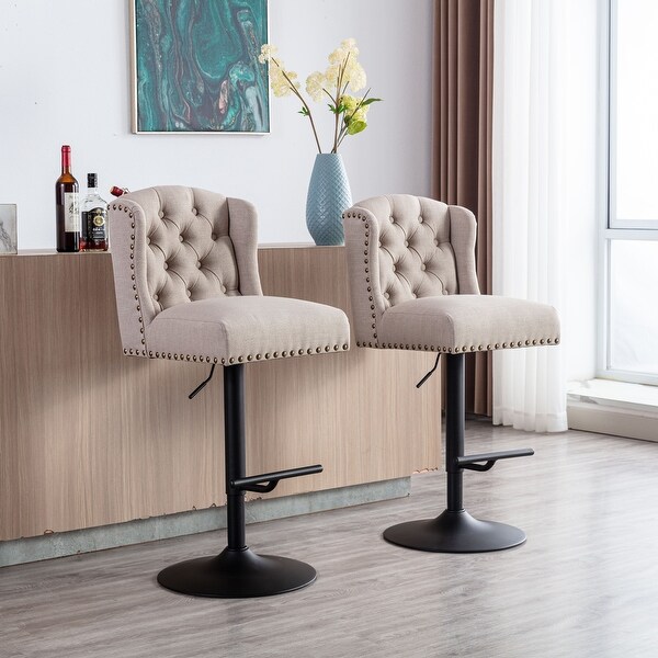 Swivel Bar Stools Chair Set of 2 Adjustable Counter Height Linen Upholstered Stool with Tufted Wing Back in Cream