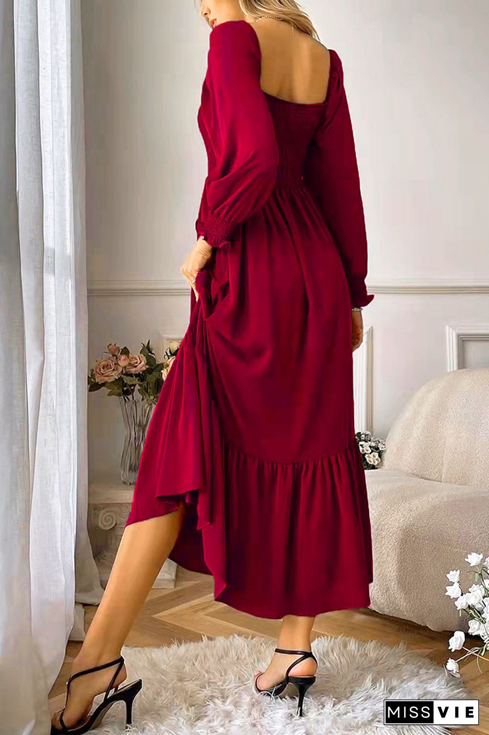 Square Neck Puff Sleeves Ruffle Long Dress