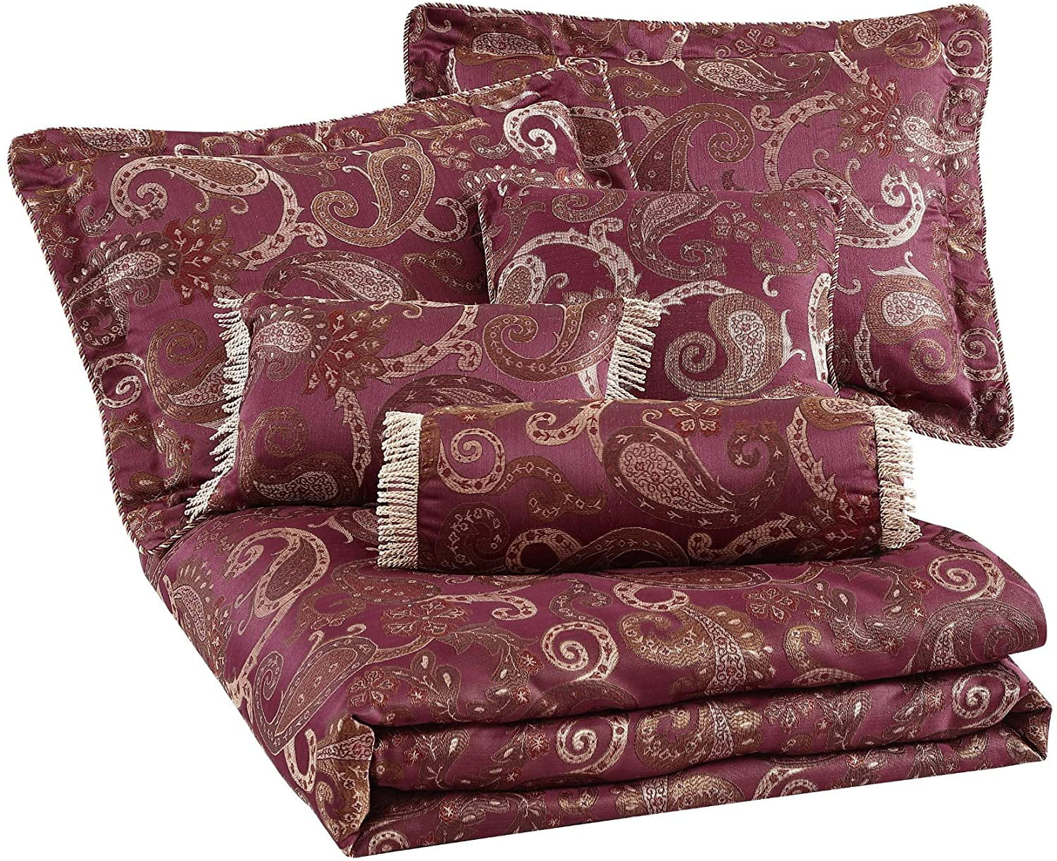 Chezmoi Collection Adelle 7-Piece Burgundy Paisley Jacquard Comforter Set， King