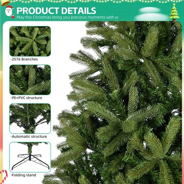 9FT Unlit Hinged Spruce Artificial Christmas Tree，2576 Branch Tips，Premium Xmas Tree for Holiday Decoration