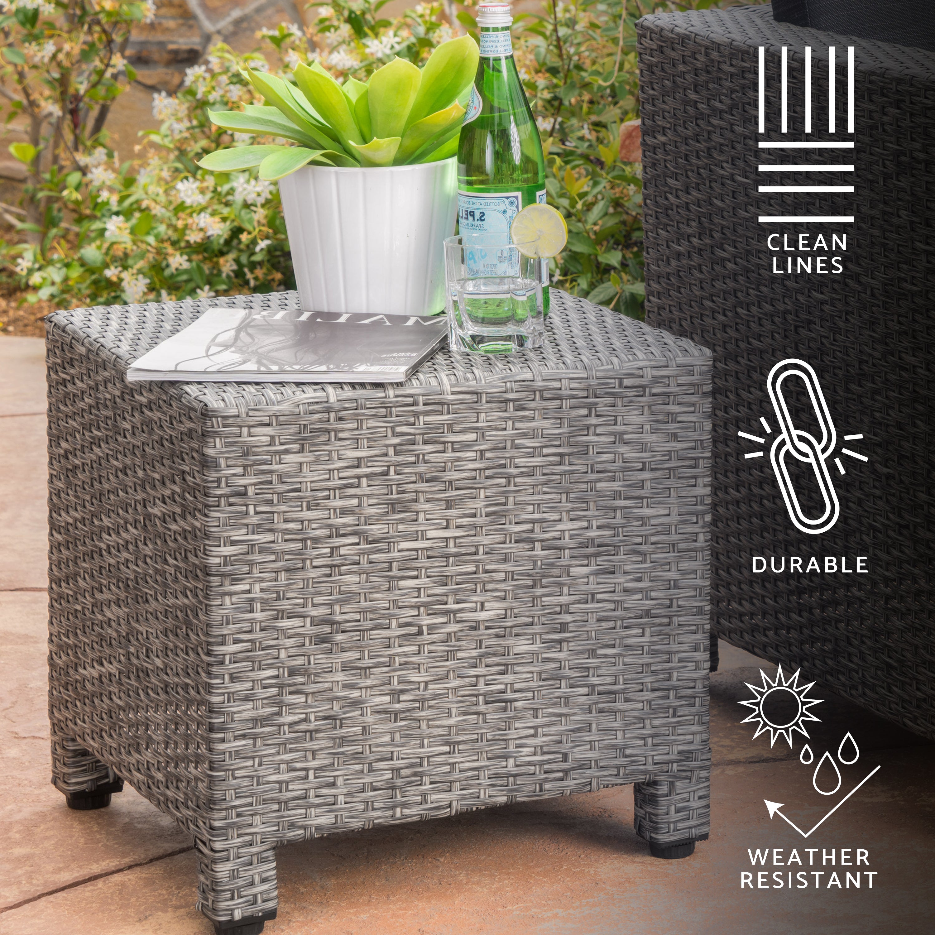 Venice Outdoor Gray Wicker Side Table