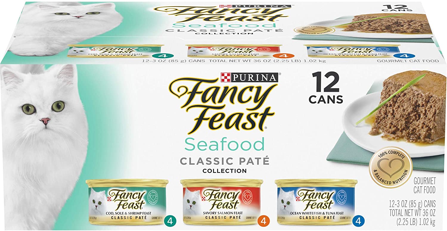 Purina Fancy Feast Grain Free Pate Wet Cat Food Variety Pack， Seafood Classic Pate Collection - (2 Packs of 12) 3 oz. Cans