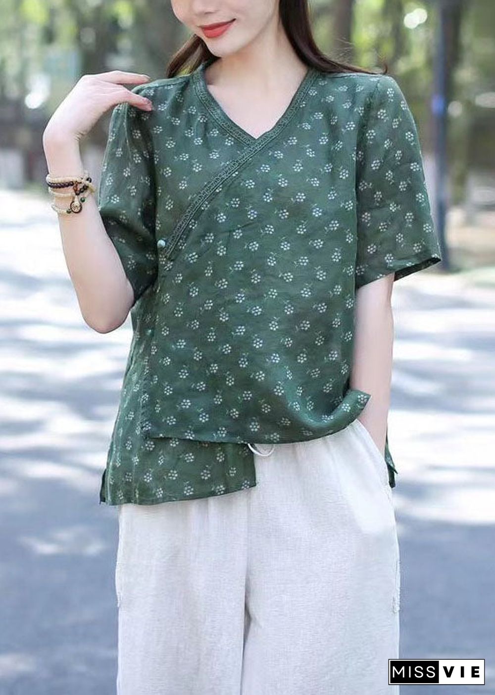 Women Green V Neck Print Patchwork Linen Blouses Summer