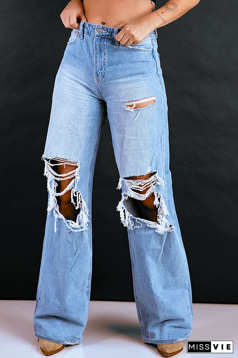 Blue Washed High Waist Ripped Hole Jeans Pants