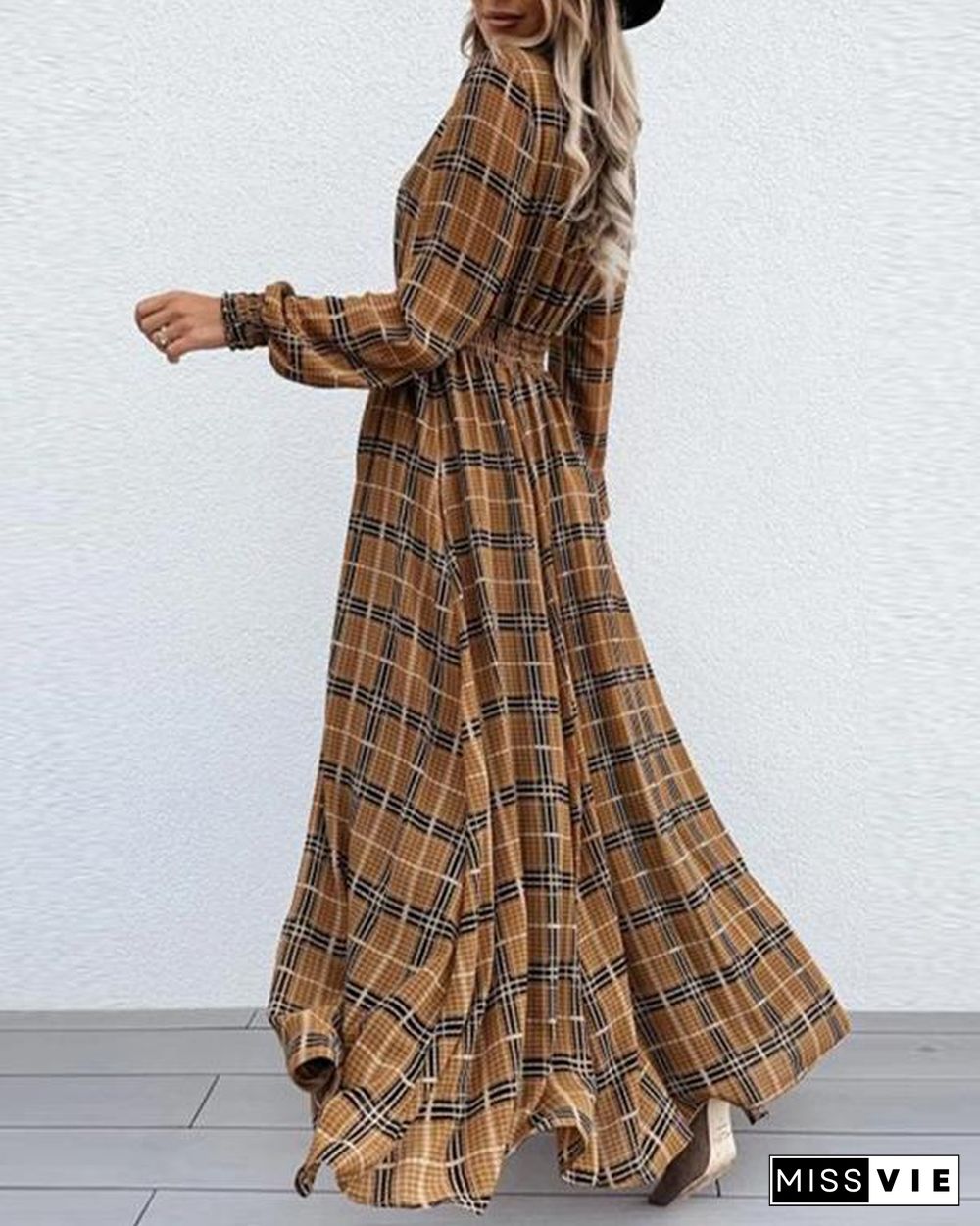 Emprie Waist Plaid Long Sleeve Maxi Dress