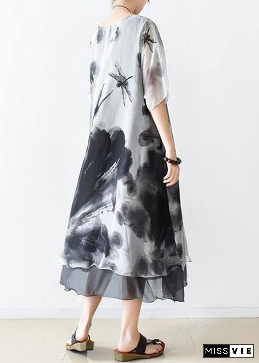 Italian gray print chiffon clothes For Women plus size Fashion Ideas o neck pockets Summer Dress