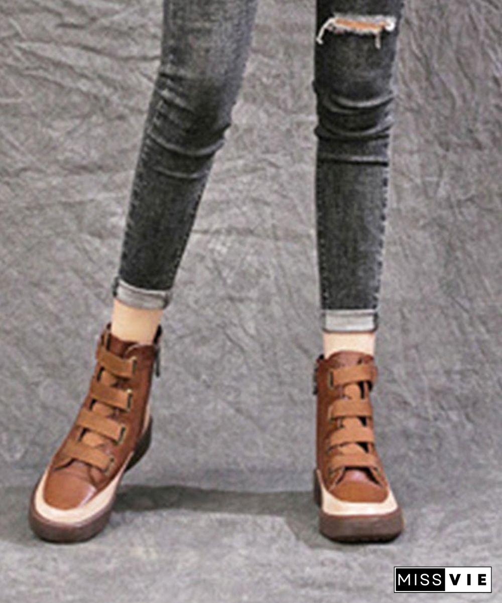 Beautiful Brown Lace Up Platform Boots Splicing Cowhide Leather Ankle boots