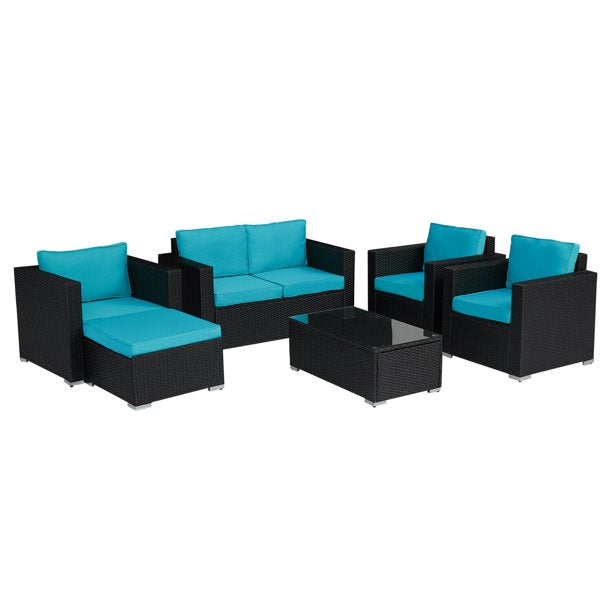 Kinbor 5PCS Patio Furniture Set Outdoor Sectional Sofa Lawn Conversation Sets Wicker Rattan Chair with Ottoman, Turquoise