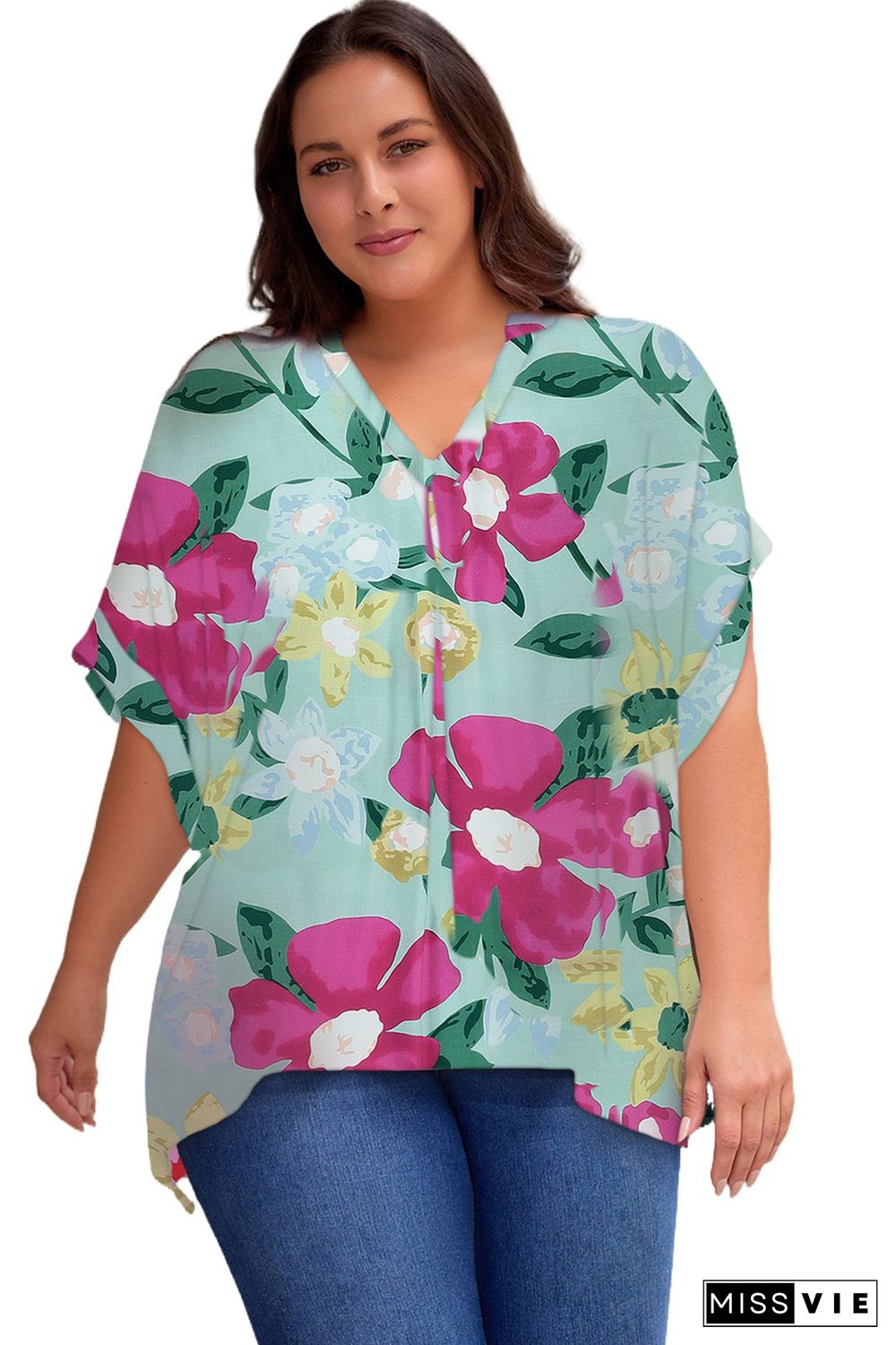 Green Floral V Neck Half Sleeve Plus Size Blouse