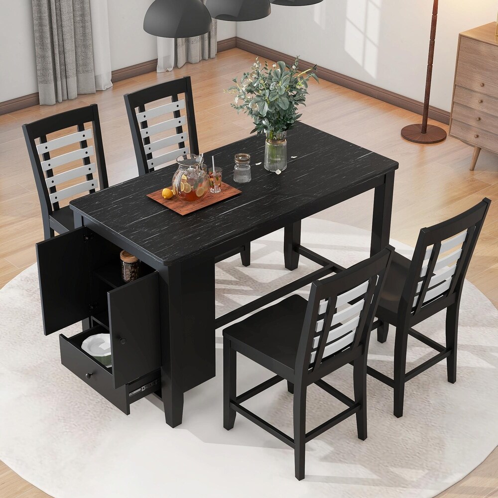 5 Piece Dining Set with Faux Marble Tabletop  Solid Wood  and Storage