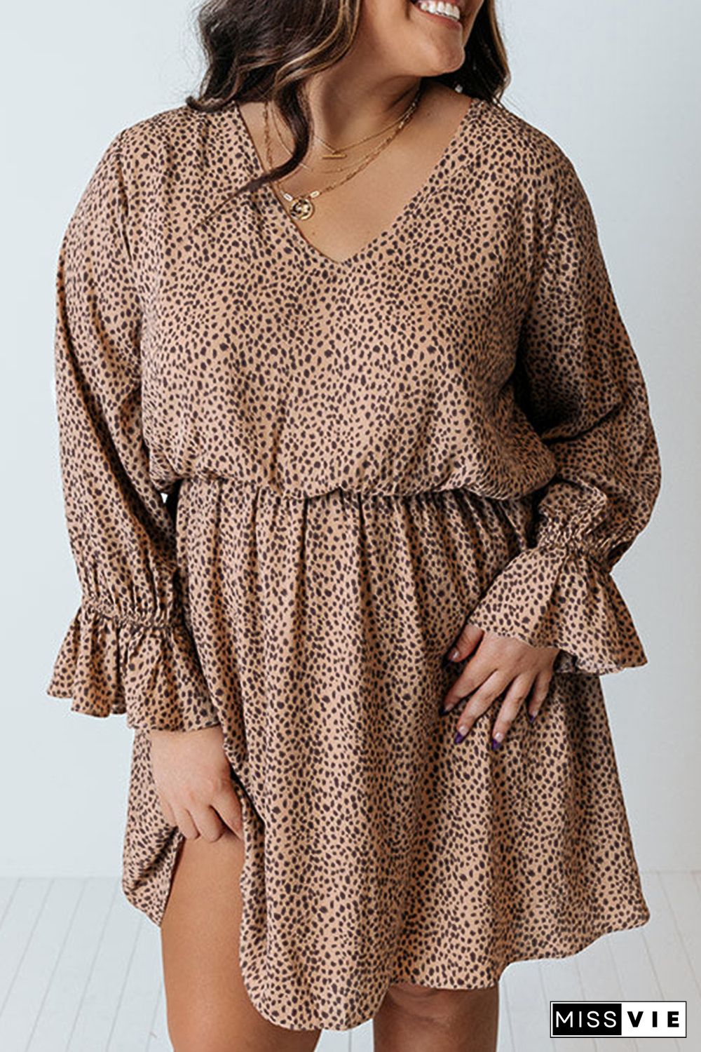 Khaki Plus Size Ruffled Long Sleeve Animal Spotted Print Dress