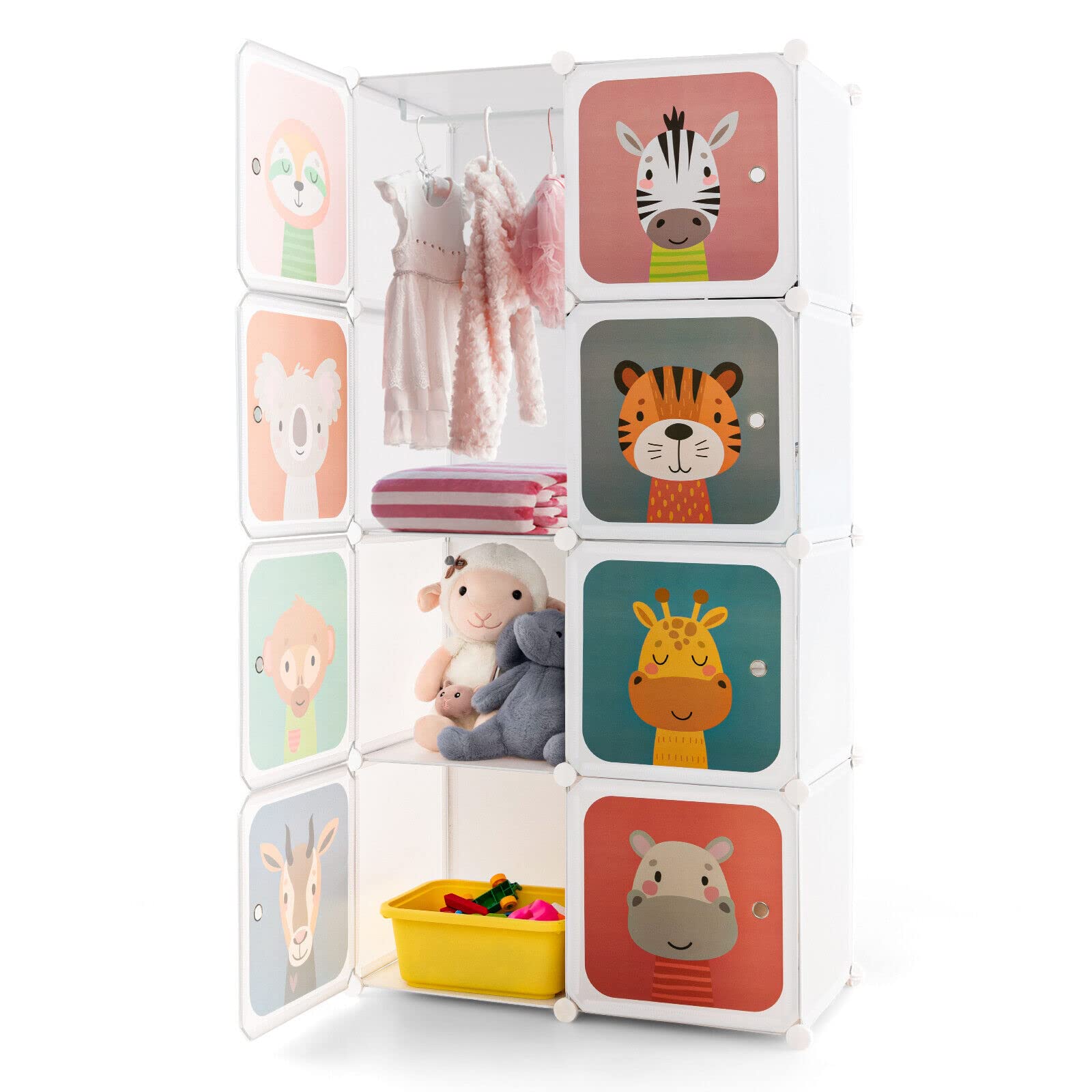 Costzon Kids Wardrobe Closet, Cartoon DIY Modular Dresser Storage Organizer with 8 Cubes & Clothes Hanging Section