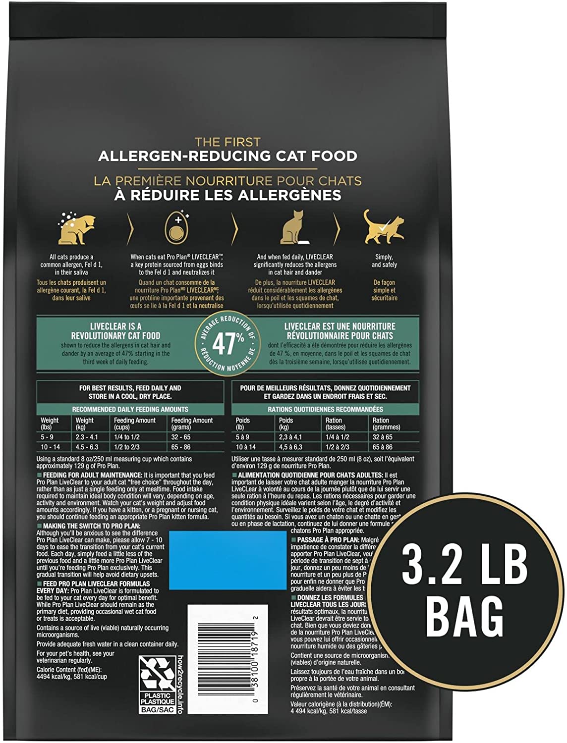 Purina Pro Plan Allergen Reducing， High Protein Dry Cat Food， LIVECLEAR Turkey and Oatmeal Formula - 3.2 lb. Bag