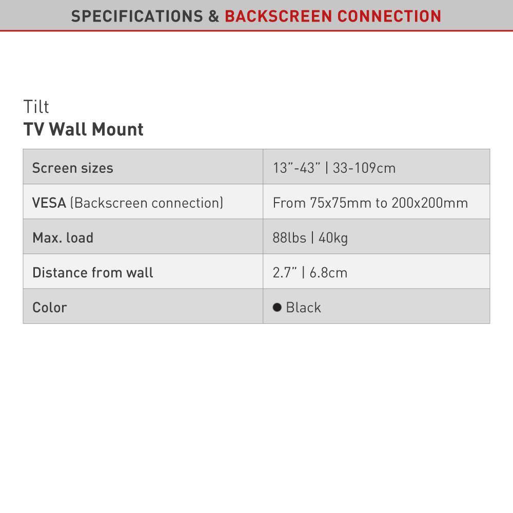 Barkan a Better Point of View Barkan 13 in to 39 in Tilt Flat  Curved TV Wall Mount up to 88 lbs E210+.B