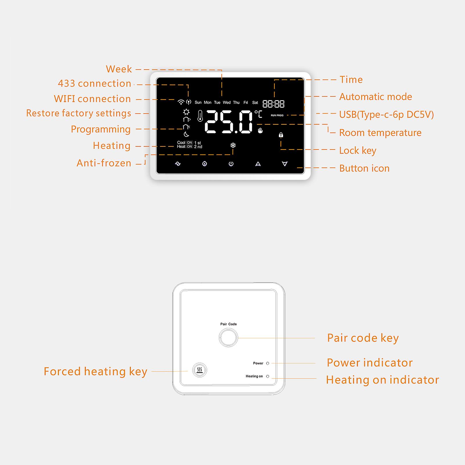 White Wi-fi Smart Thermostat Programmable Thermostat With Rf Receiver Tabletop Wall-mounted Style App Control Voice Control Compatible With Alexa Goog