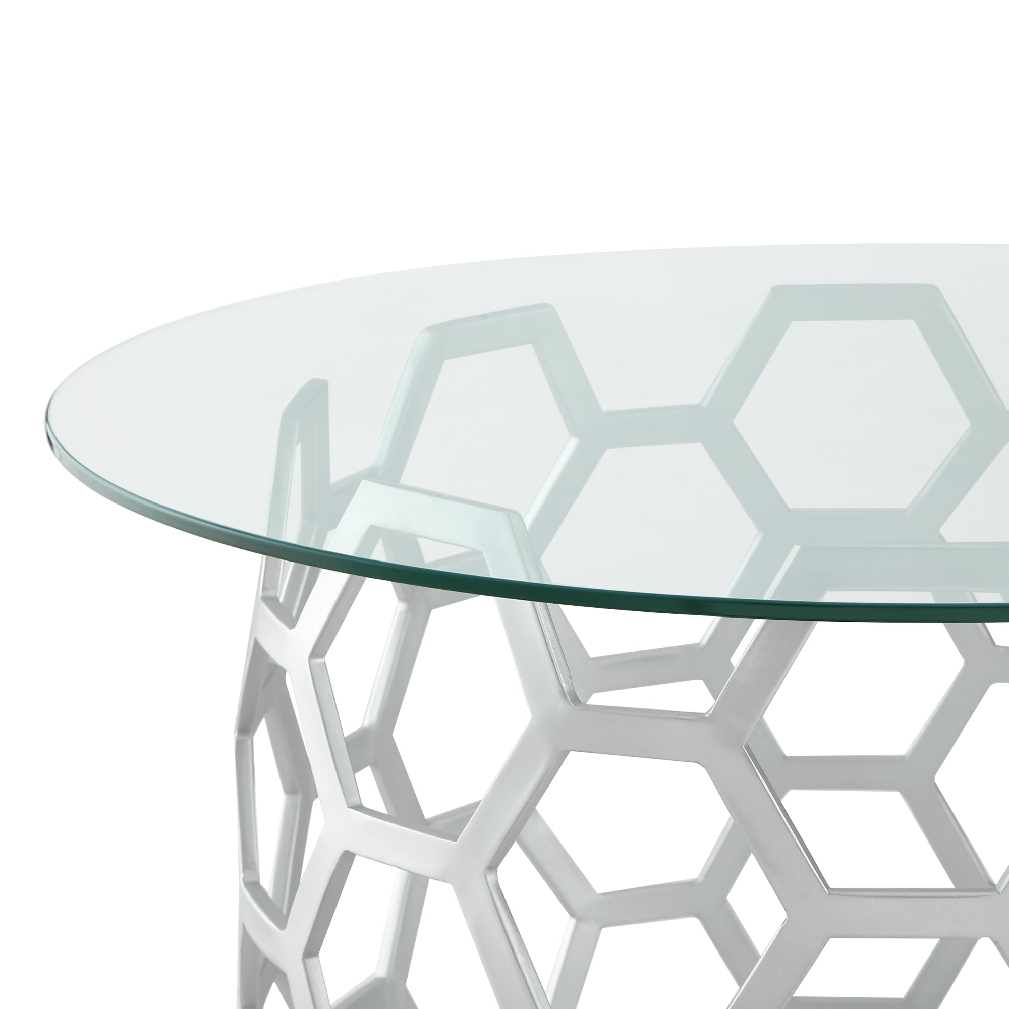 Inspired Home Janina Round Coffee Table Clear Glass Top Geometric Hexagon Metal Frame Modern, Silver