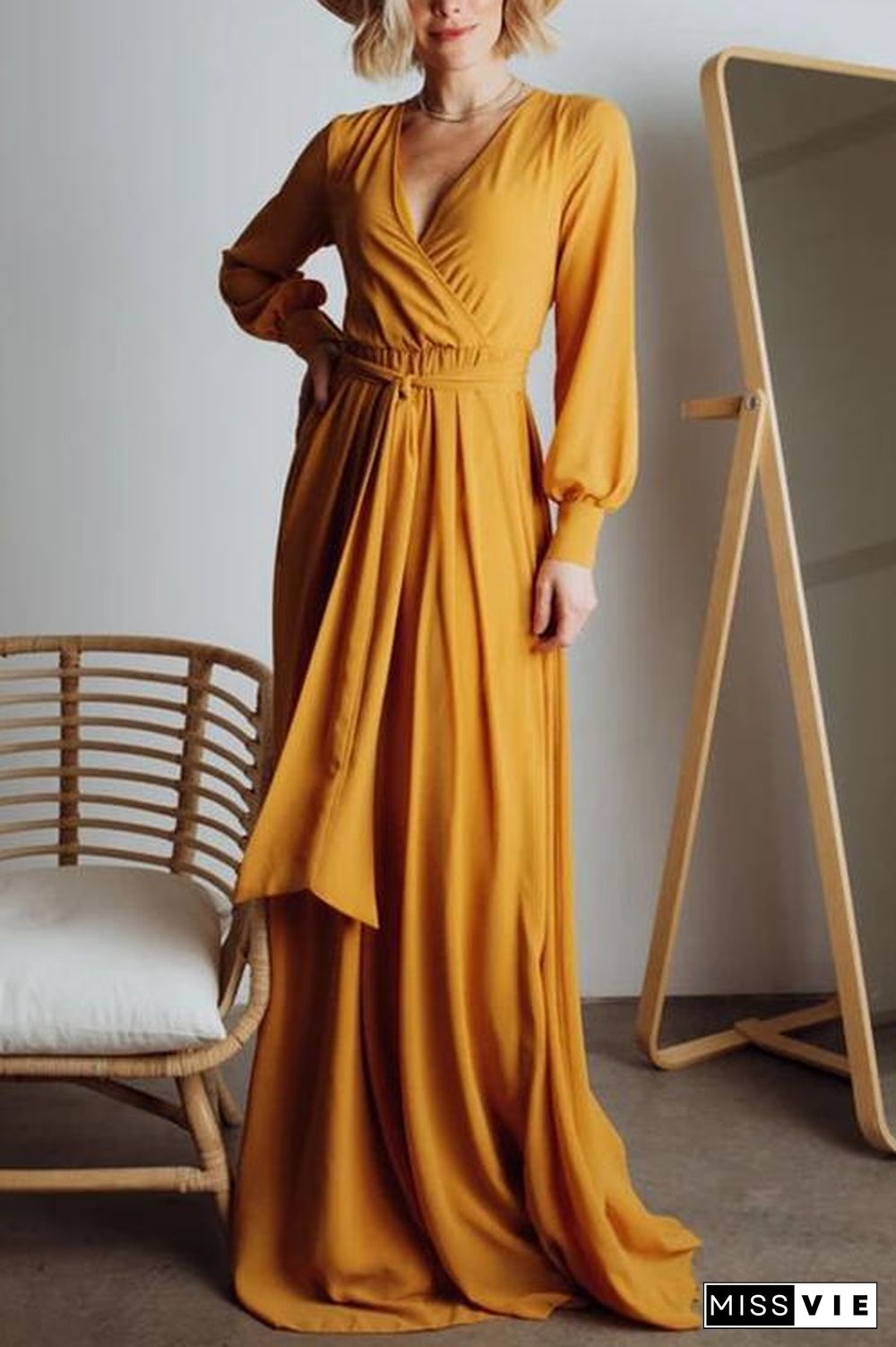 Button Puff Sleeve Belted Maxi Dress