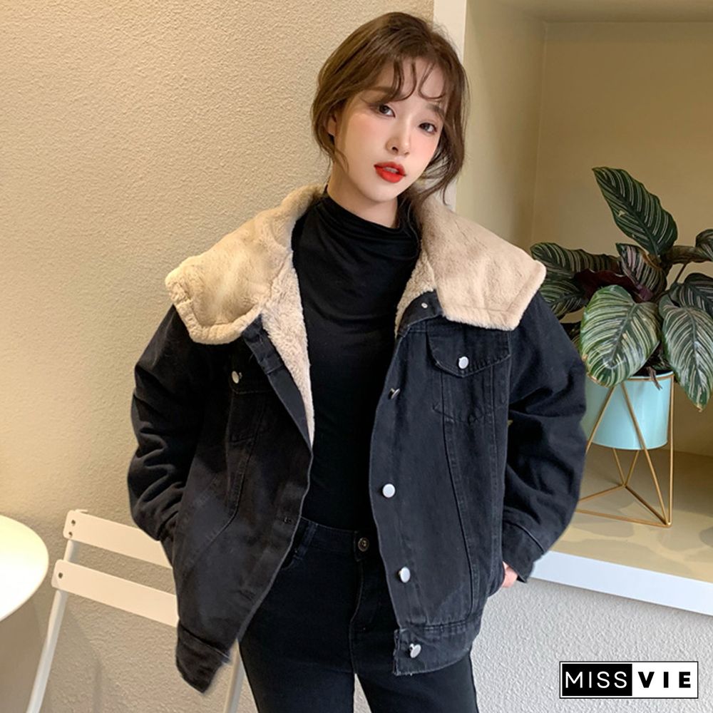 Autumn Fur Denim Jacket Women Loose Causal All Match Black Coat Korean Fashion Turndown Collar Long Sleeves Outwear New