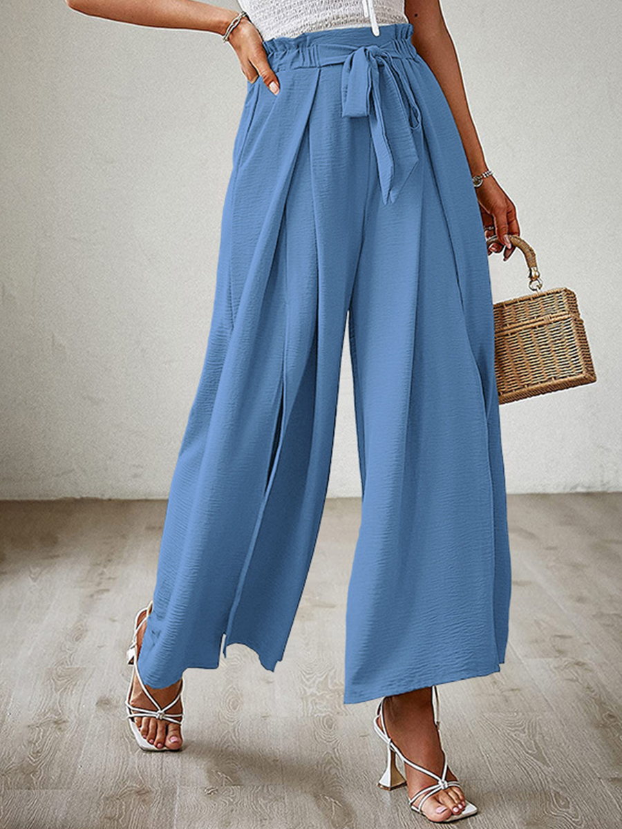 Summer Bow Loose High Waist Pleated Wide Leg Pants With Belte