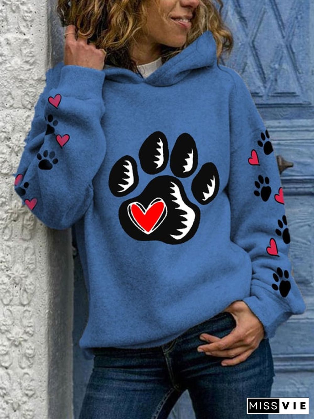 Dog Footprint Heart Print Long Sleeve Hoodie