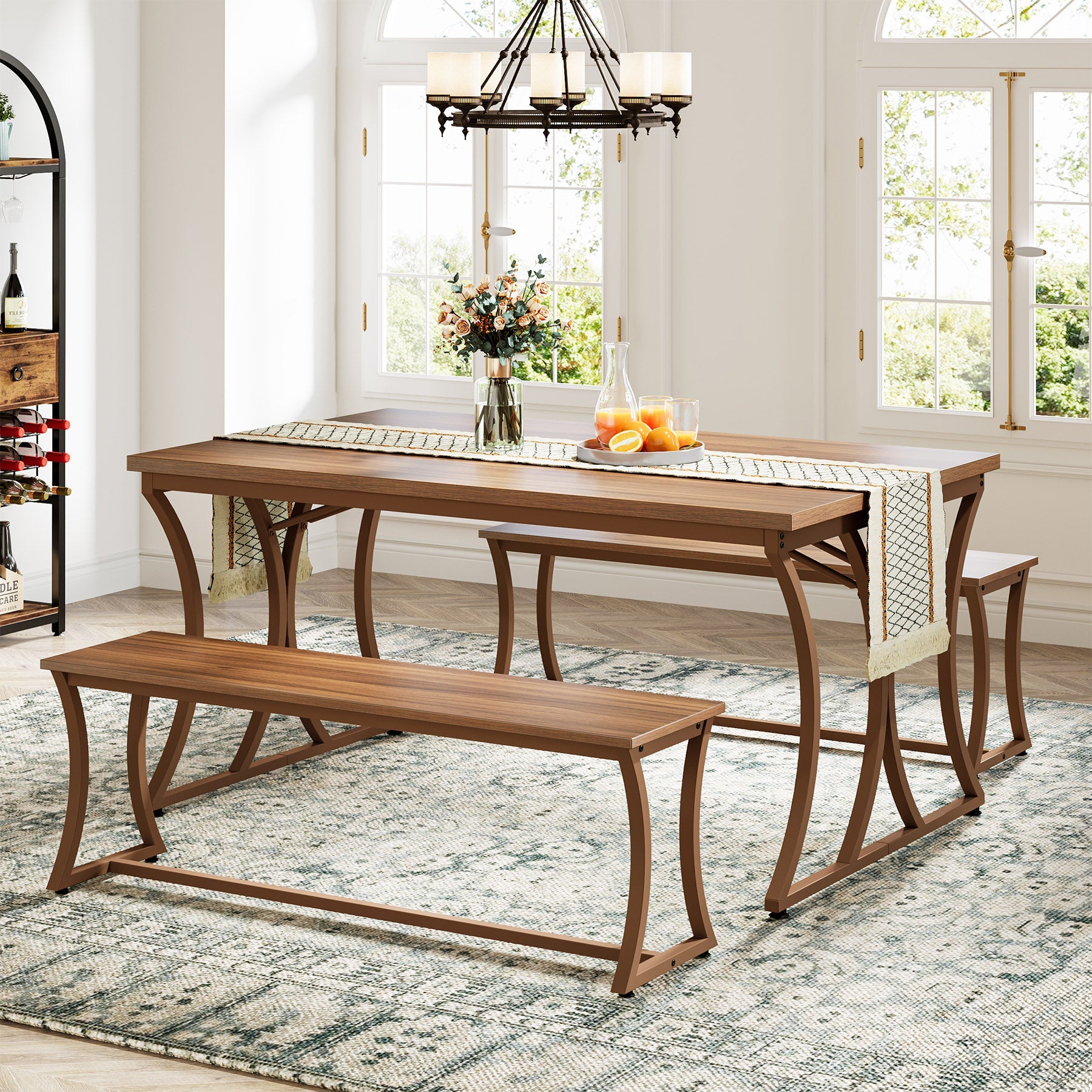 4-Piece 51-Inch Dining Table Set with 2 Benches & Table Runner