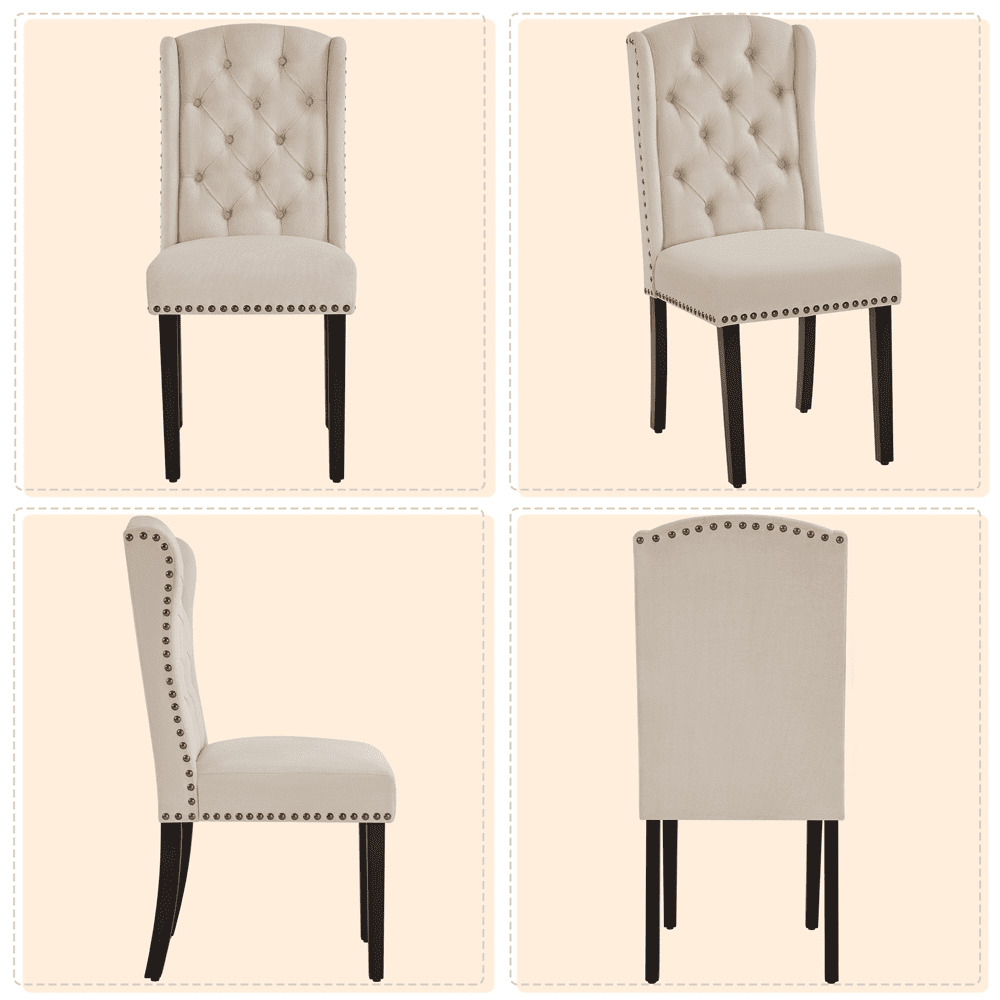 SMILE MART 2pcs Upholstered Tufted Dining Chairs with Wing Design for Kitchen， Beige