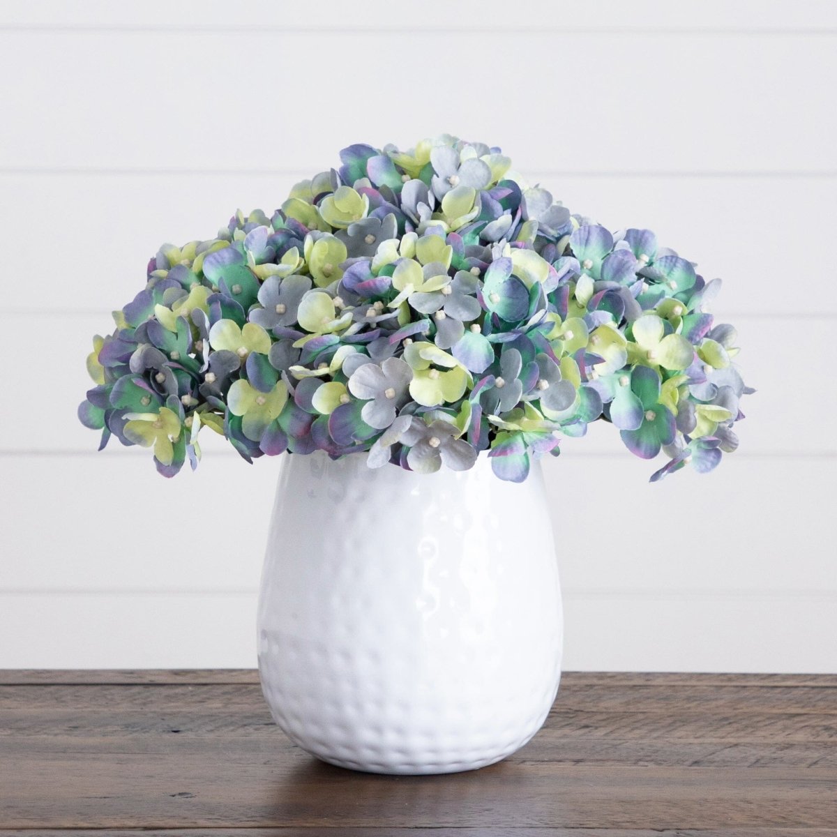 11” Artificial Hydrangea Arrangement in White Metal Vase