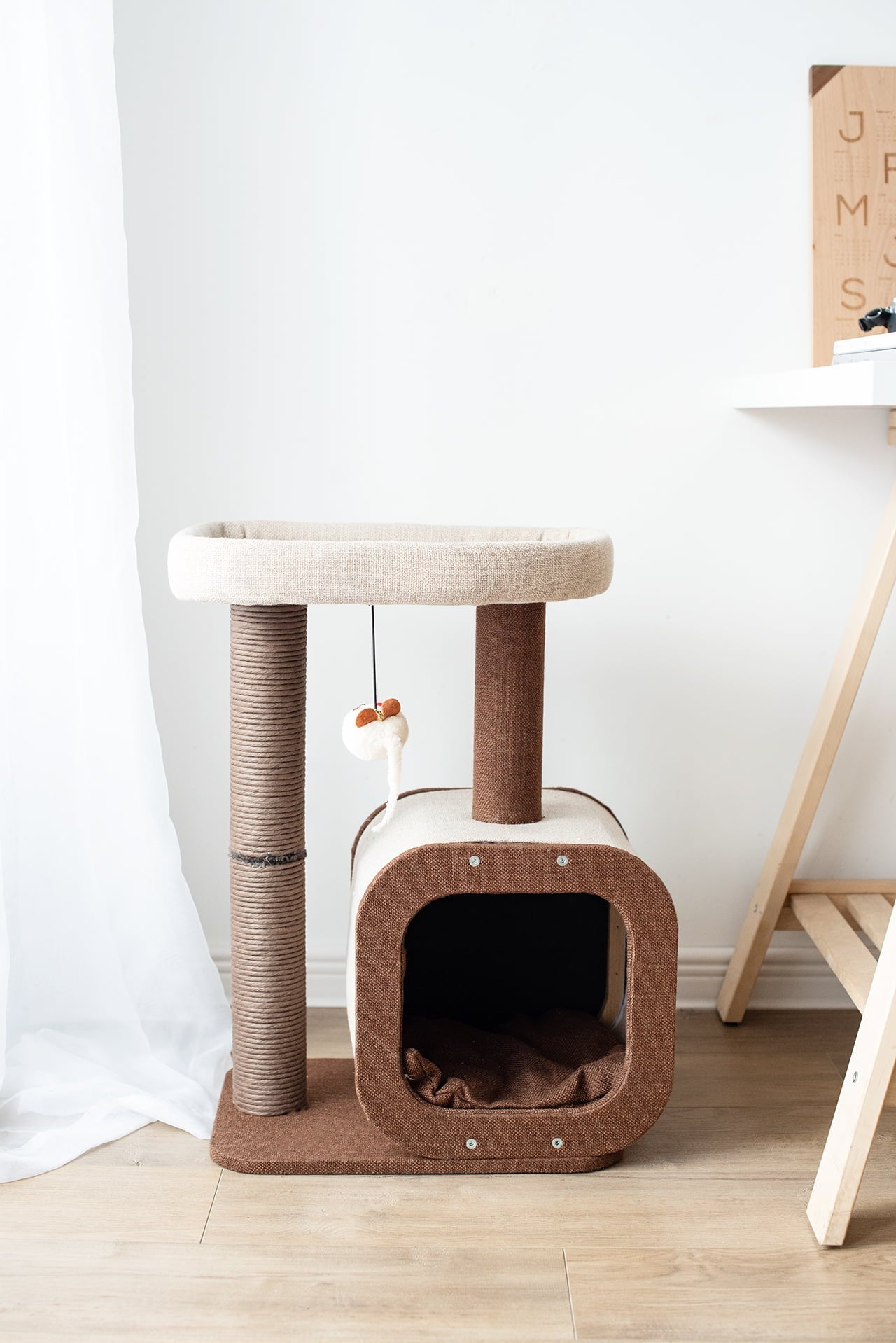 Catry 23" Condo Brown & Beige Cat Tree with Scratching Post Play House Indoor Multi-Level Climbing Cat Furniture w/ FREE Cat Teaser for Easter