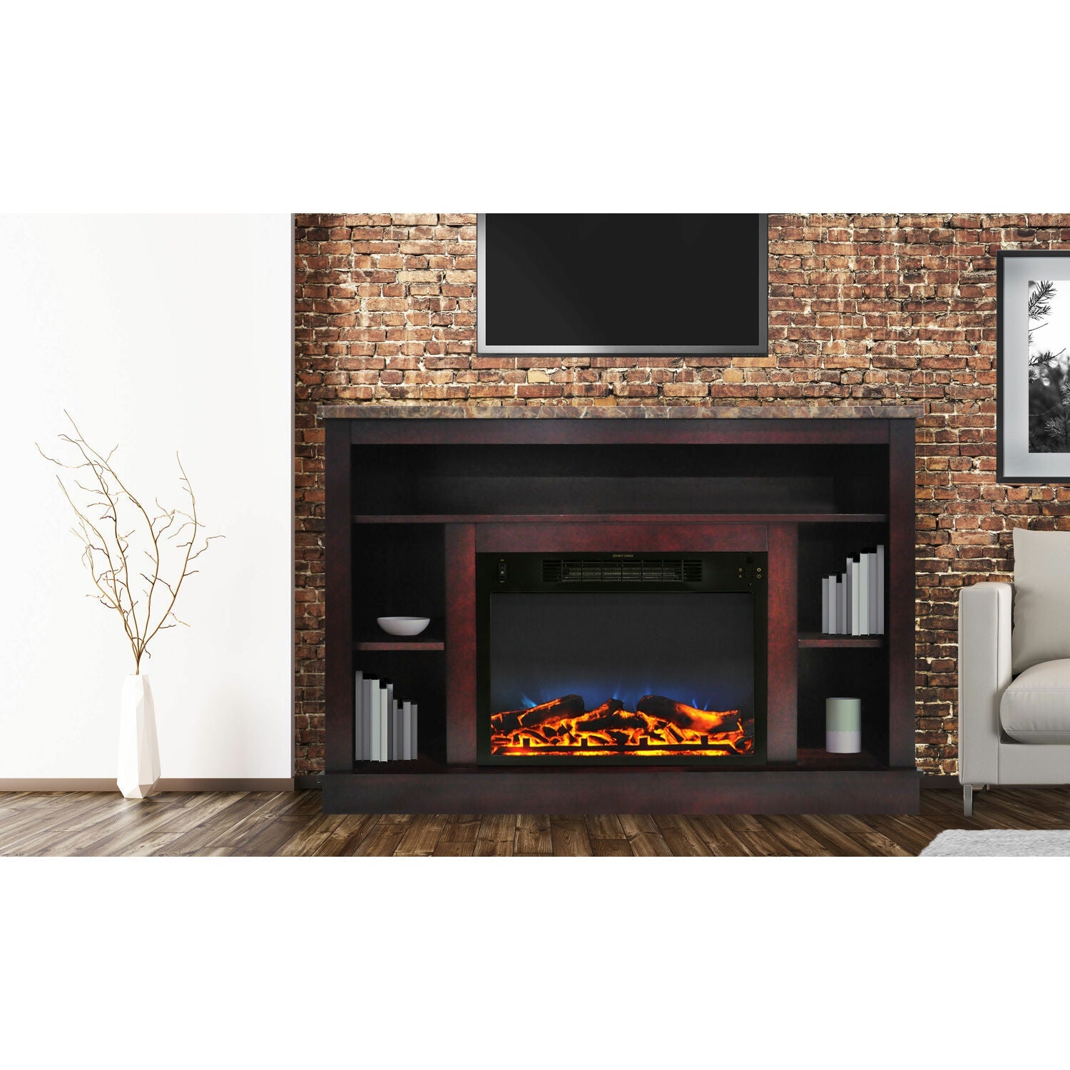 Cambridge Seville 47'' Freestanding Electric Multi-Color LED Fireplace with Log Insert and Remote | Cherry Mantel | For Rooms up to 210 Sq.Ft. | Adjustable Heat Settings | Timer