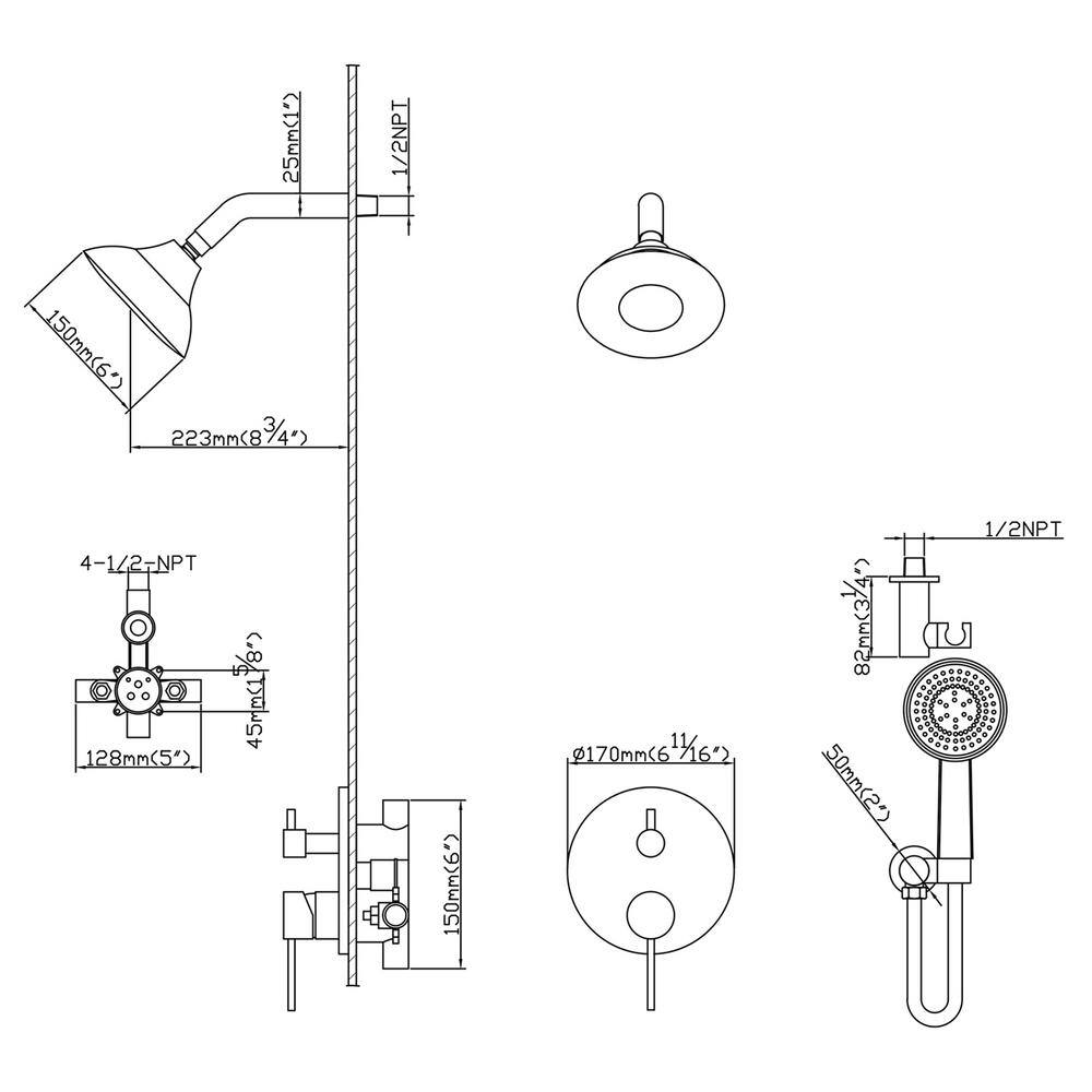 Maincraft 2-Spray Patterns 1.8 GPM 6 in. Wall Mount Dual Shower Heads with Handheld in Matte Black HKSS07