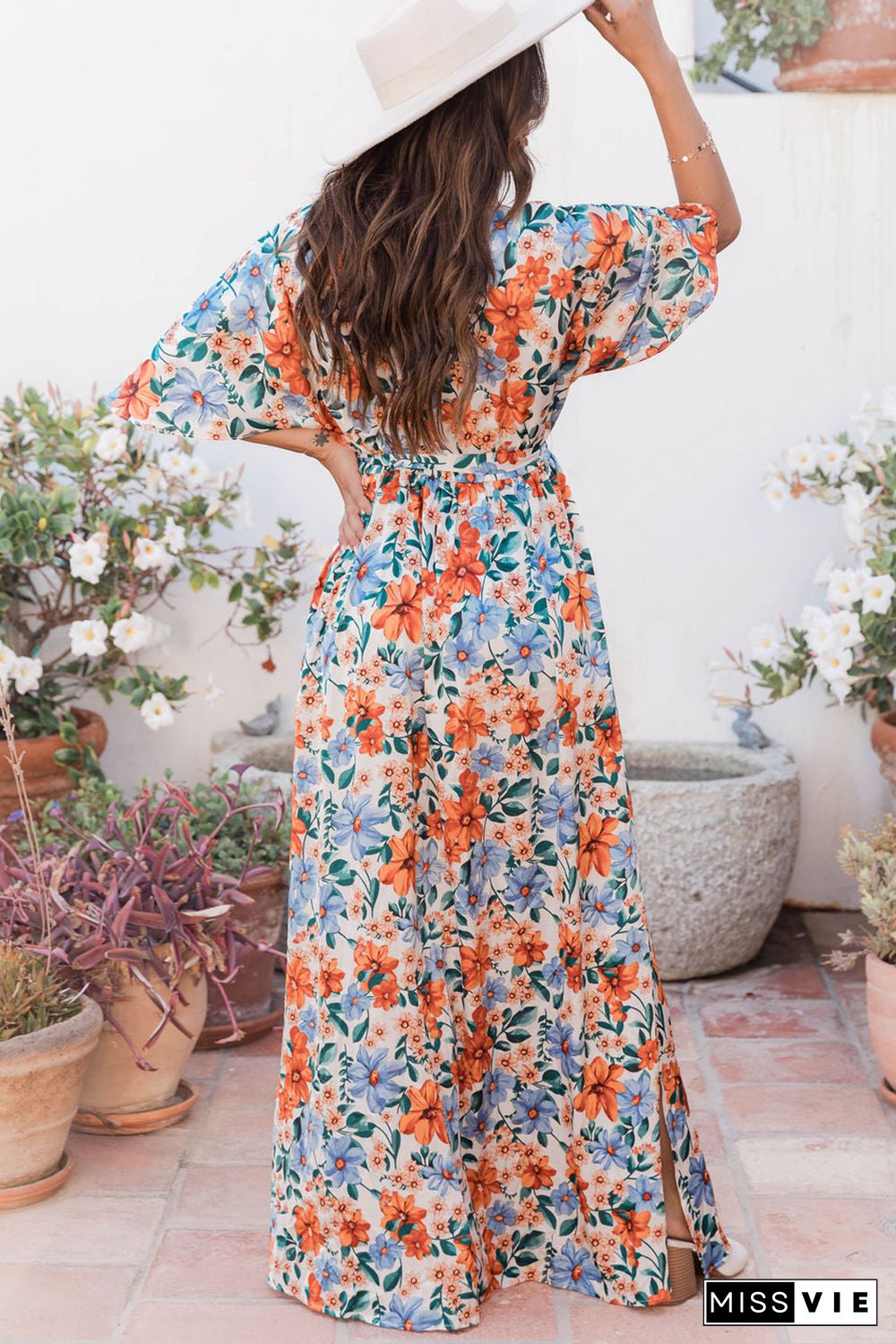 Sky Blue Floral Print Wrap Belted Maxi Dress