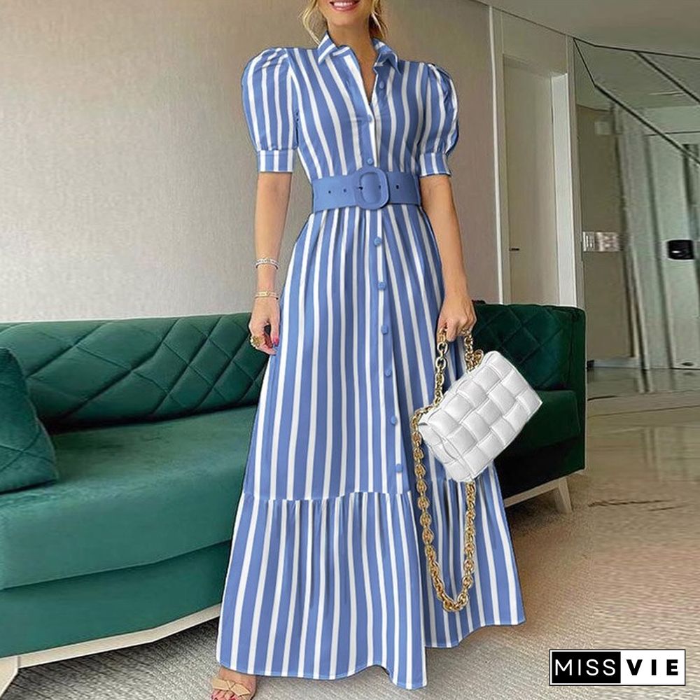 Women Party Maxi Dress Elegant Striped Office Lady Long Dresses