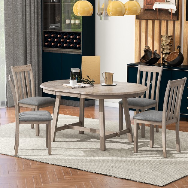 5 Pcs Round Wood Extendable Dining Table Set With 4 Dining Chairs modernluxe