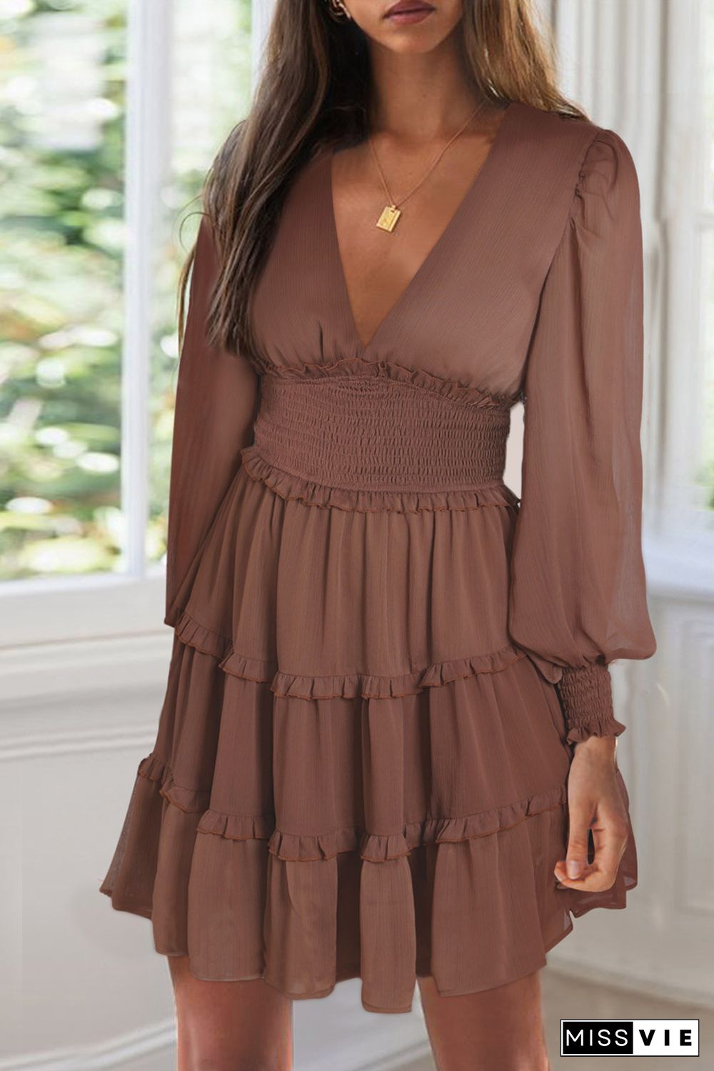 Brown Frill Smocked Detail Sheer Long Sleeve Dress